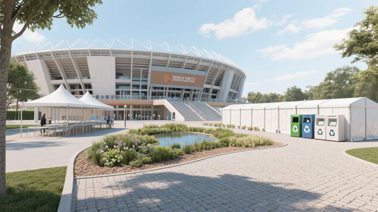 雨水花园与透水铺装的体育场入口广场，旁边有可拆卸看台与分类回收站